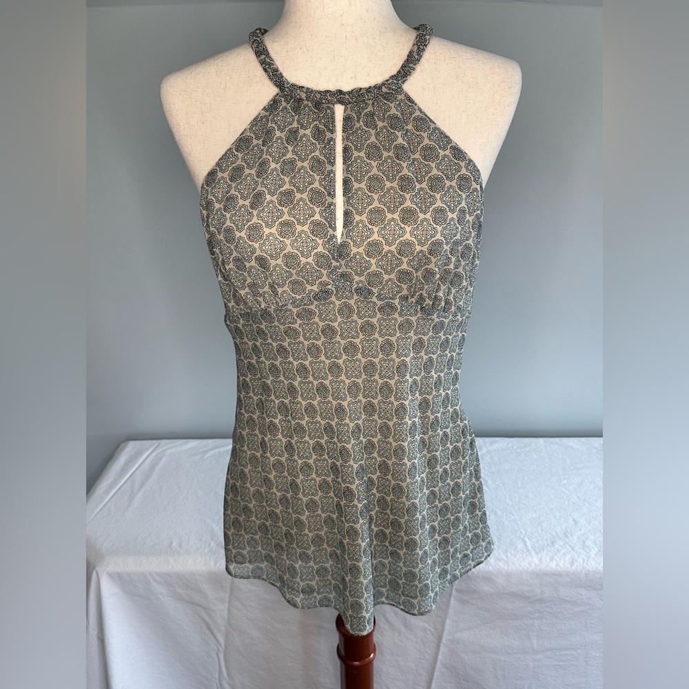 Michael Kors Blue Beige Medallion sleeveless silk top High neck SZ6